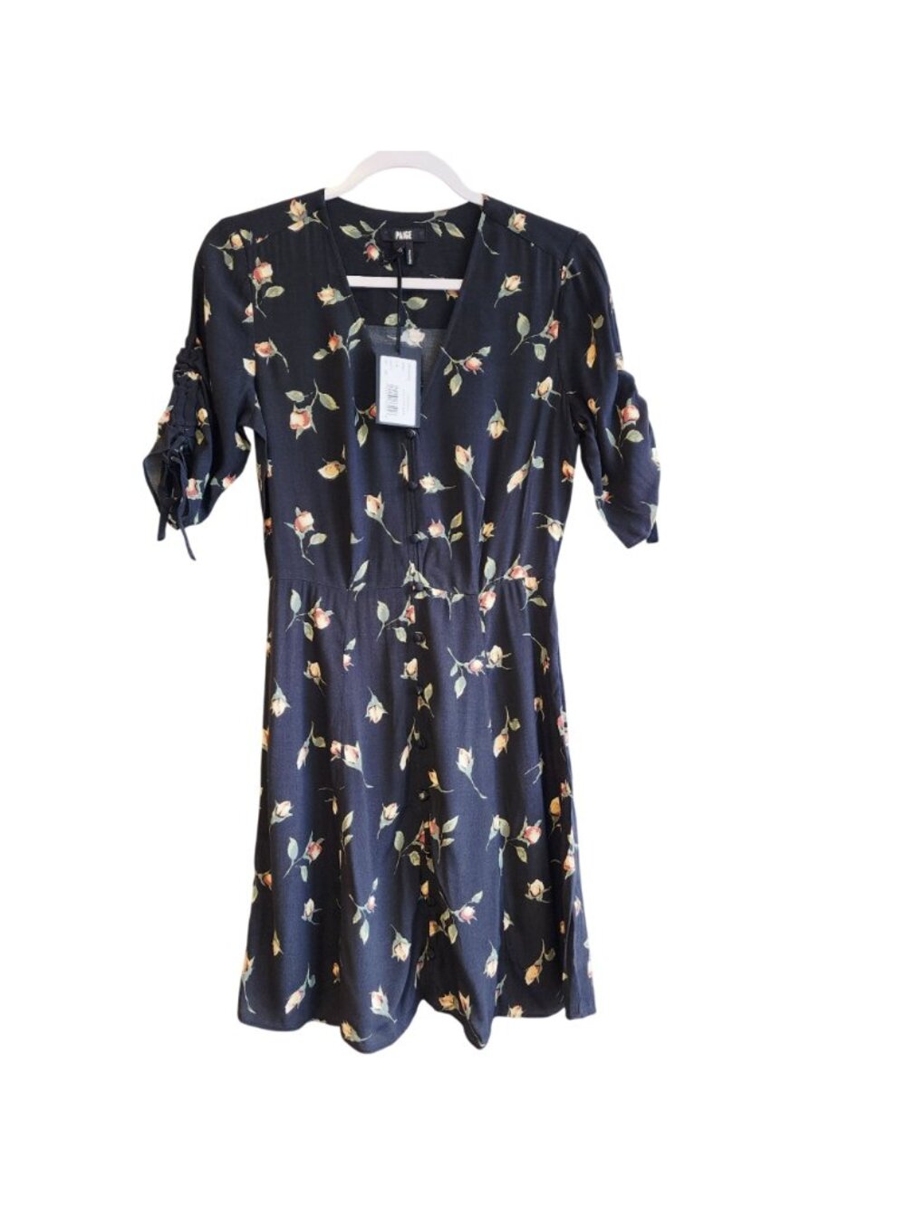 Paige Floral Print Midi Casual Dress Ruched Sleeves V-Neckline Navy Size XS  New - Picture 3 of 12